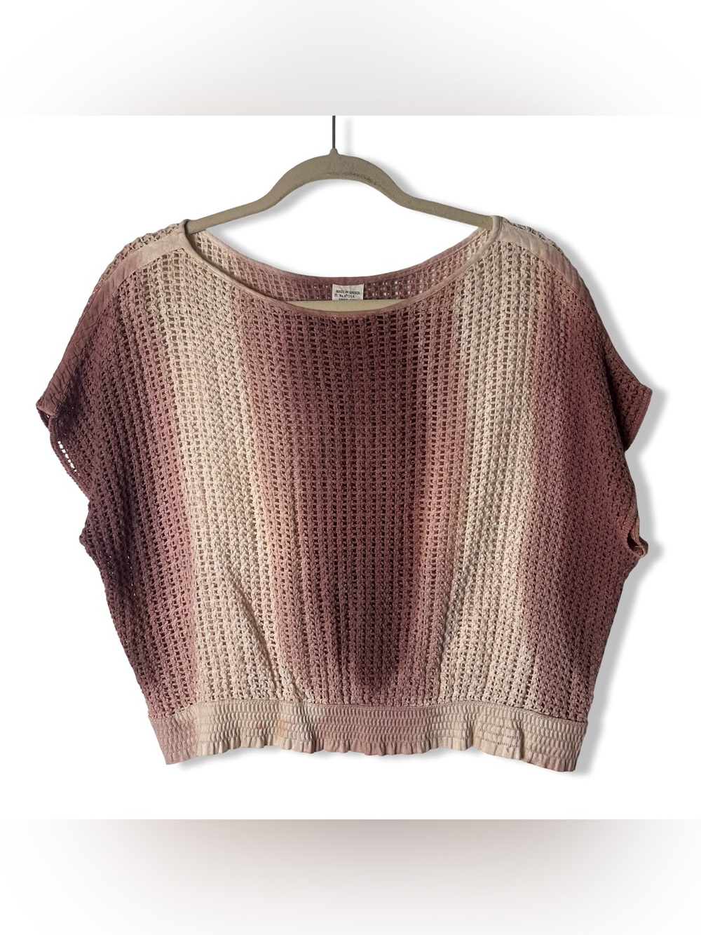 Vtg Made in Greeceโ Open Weave Knit Crop Top Ombre Mauve Cream One Size 80s